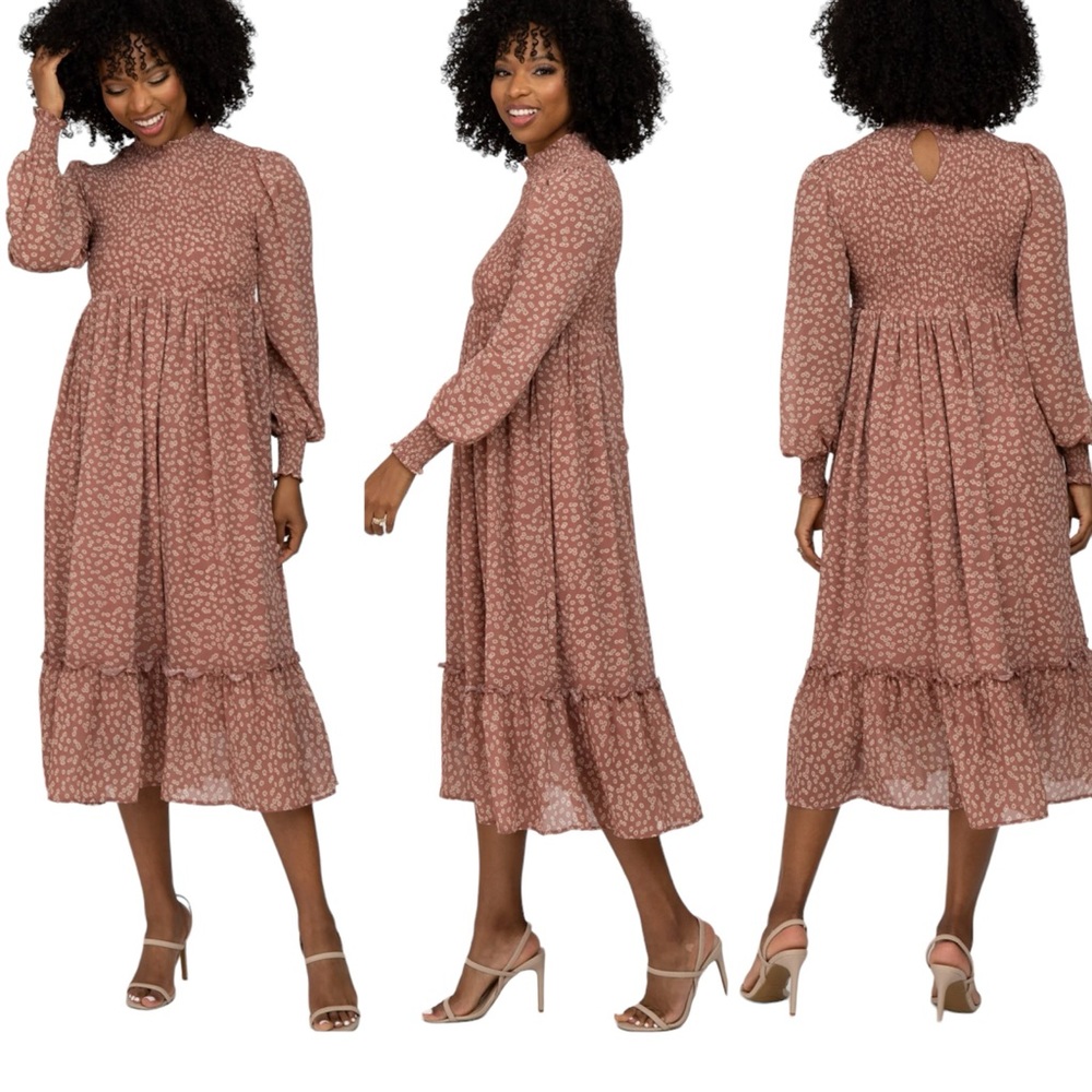 In Loom Size L Maternity Floral Midi Dress Floral Ruffle Long Sleeve Boho Ruched